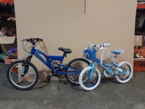 2 X BRAND NEW MIXED BIKES TO INCLUDE 1 X KIDS MUDDYFOX MOUNTAIN BIKE - 6 GEARS - 30 CM 1 X DISNEY FROZEN KIDS BIKE - SINGLE SPEED - 16 INCH FRAME