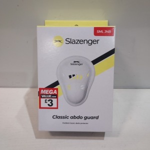 120 X BRAND NEW SLAZENGER JNR PADDED CLASSIC ABDO GUARDS IN WHITE- MOULDED SHELL WITH PADDED EDGE - IN 3 BOXES