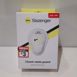 120 X BRAND NEW SLAZENGER SML JNR PADDED CLASSIC ABDO GUARDS IN WHITE- MOULDED SHELL WITH PADDED EDGE - IN 3 BOXES