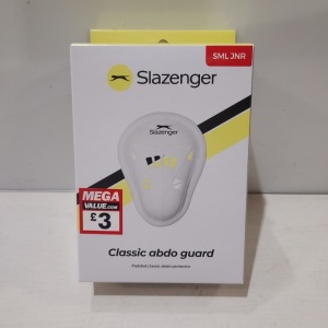 120 X BRAND NEW SLAZENGER SML JNR PADDED CLASSIC ABDO GUARDS IN WHITE- MOULDED SHELL WITH PADDED EDGE - IN 3 BOXES