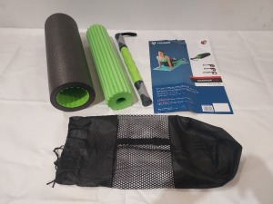 48 X BRAND NEW TORNEO 3 IN 1 MASSAGE ROLLER TO INCLUDE 1 X GRAY ROLLER WITH SMOOTH TEXTURE 1 X GREEN YOGA ROLLER 1 X GREEN MASSAGE STIK WITH 4 MOVABLE MASSAGE HEADS - IN 4 LARGE BOXES