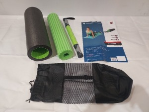 48 X BRAND NEW TORNEO 3 IN 1 MASSAGE ROLLER TO INCLUDE 1 X GRAY ROLLER WITH SMOOTH TEXTURE 1 X GREEN YOGA ROLLER 1 X GREEN MASSAGE STIK WITH 4 MOVABLE MASSAGE HEADS - IN 4 LARGE BOXES