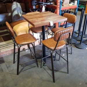 1 X TALL BAR WOODEN TABLE ( H 113 CM X 70 X 70 CM ) WITH 4 X LEATHER LOOK HIGH BAR STOOLS IN BROWN COLOUR