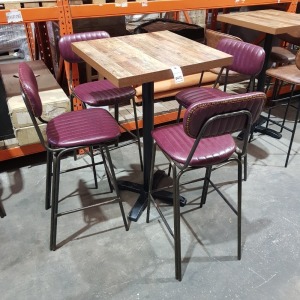 1 X TALL BAR WOODEN TABLE ( H 113 CM X 70 X 70 CM ) WITH 4 X LEATHER LOOK HIGH BAR STOOLS IN PURPLE COLOUR