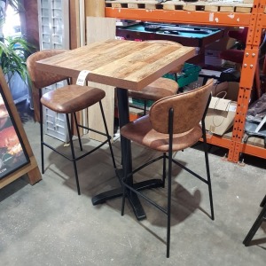 1 X TALL BAR WOODEN TABLE ( H 113 CM X 70 X 70 CM ) WITH 3 X LEATHER LOOK HIGH BAR STOOLS IN BROWN COLOUR