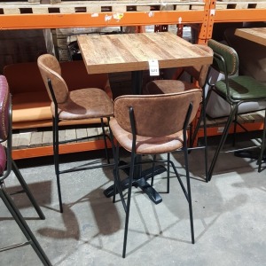 1 X TALL BAR WOODEN TABLE ( H 113 CM X 70 X 70 CM ) WITH 3 X LEATHER LOOK HIGH BAR STOOLS IN BROWN COLOUR