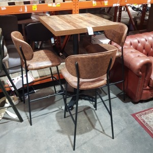 1 X TALL BAR WOODEN TABLE ( H 113 CM X 70 X 70 CM ) WITH 3 X LEATHER LOOK HIGH BAR STOOLS IN BROWN COLOUR