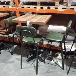 1 X TALL BAR WOODEN TABLE ( H 113 CM X 70 X 70 CM ) WITH 3 X LEATHER LOOK HIGH BAR STOOLS IN GREEN COLOUR