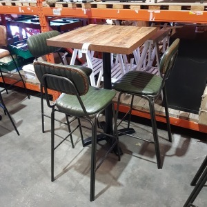 1 X TALL BAR WOODEN TABLE ( H 113 CM X 70 X 70 CM ) WITH 3 X LEATHER LOOK HIGH BAR STOOLS IN GREEN COLOUR