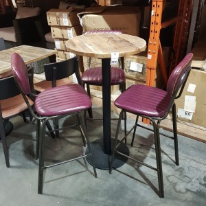 1 X TALL ROUND WOODEN BARTABLE ( H 113 CM X 60 CM DIAM ) WITH 3 X LEATHER LOOK HIGH BAR STOOLS IN PURPLE COLOUR