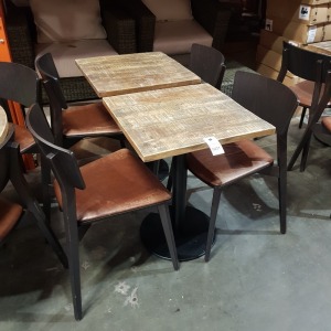 2 X WOODEN SQUARE WOODEN TABLES ( H 77 CM X 60 X 60 CM ) AND 4 X WOODEN / LEATHER LOOK PADDEN CHAIRS ( SOME SCUFFS ON CHAIRS )