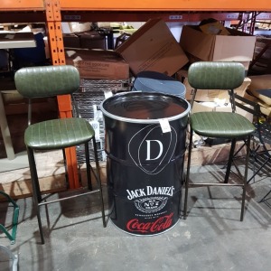 1 X JACK DANIELS COCA COLA BARREL ( NEEDS WOODEN TOP TO MAKE COFFEE TABLE ) AND 2 X LEATHER LOOK HIGH BAR STOOLS IN GREEN COLOUR