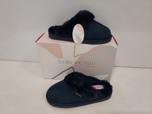 15 X BRAND NEW IVORY CASTLE LADIES FLUFFY SLIPPERS IN NAVY BLUE STYLE NAME EVE IN SIZE 4/37 IN SINGULAR BOXES