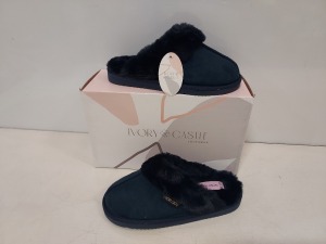 13 X BRAND NEW IVORY CASTLE LADIES FLUFFY SLIPPERS IN NAVY BLUE STYLE NAME EVE IN SIZE 3/36 IN SINGULAR BOXES