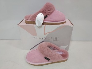 15 X BRAND NEW IVORY CASTLE LADIES FLUFFY SLIPPERS IN PINK STYLE NAME EVE IN SIZE 4/37 IN SINGULAR BOXES