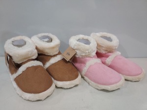 17 X BRAND NEW MIXED SLIIPER BOOTS 8 IN PINK / WHITE ALL IN SIZE UK7/8 , 9 IN BROWN / WHITE ALL IN SIZE UK7/8 IN TWO BOXES