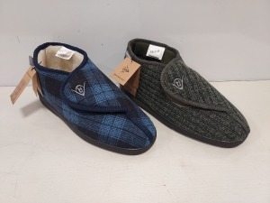 21 X BRAND NEW MIXED DUNLOP SLIPPERS IN STYLE NAME ALBERT IN VARIOUS COLOURS INCLUDING GREEN KNIT , NAVY PLAID , NAVY FELT , ALSO IN MIXED SIZE'S TO INCLUDE UK 9 , UK 7 , UK8 IN INDIVIDUAL BOXES