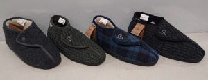 22 X BRAND NEW MIXED DUNLOP SLIPPERS IN STYLE NAME ALBERT IN VARIOUS COLOURS INCLUDING , NAVY PLAID CHARCOAL FELT , BLACK KNIT , ALSO IN MIXED SIZE'S TO INCLUDE UK12 , UK11 , IN INDIVIDUAL BOXES