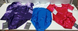 50 X BRAND NEW MIXED LEOTARD'S LOT CONTAING 13 SLEEVELESS GYMNASTIC LEOTARD SHIE IN PARADISE BLUE IN SIZE 0 AND 1 AND 4 , 6 IN LONG SLEEVE LEOTARD SUGARPLUM IN SIZE 3 AND 3A , 32 IN LONG SLEEVE LEOTARD IN POMEGRANATE IN SIZE 3A , 4 , 3 , 0 IN ONE TRAY