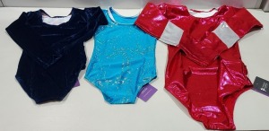 50 X BRAND NEW MIXED LONG SLEEVED GYMNASTIC LEOTARD'S 36 IN SMOOTH VELVET / UNION JACK IN SIZES 0 AND 1 , 6 IN SHINE POMEGRANATE / PLATINUM IN SIZES 4 , 7 IN NYLON LYCRA / FOILED SHINE KINGFISHER / SILVER IN SIZE 0 AND 1 , 4 SHINE SUGARPLUM / LILAC IN SIZ