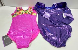 50 X BRAND NEW MIXED LEOTARD'S LOT CONTAINING 45 PATTERNED & FOILED NYLON LYCRA IN PINK HOL SHINE / TROPICAL STARBURST IN SIZES 1 , 2 AND 4 , 5 IN LONG SLEEVE GYMNASTIC LEOTARD SHINE SUGARPLUM IN SIZE 3A , AND 4 IN ONE TRAY