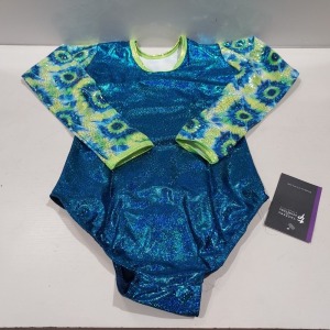 50 X BRAND NEW LONG SLEEVED PATTERNED & FOILED NYLON LYCRA AMAZON HOL SHINE / BLUE YELLOW AGUA CORAL IN SIZES 3A AND 0 IN ONE TRAY