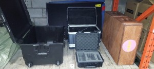 MISC LOT OF PHOTOGRAPHY STORAGE IE. 1 X PELIAIR 1637 (NOT PADDED OUT), PROEL FORC 3 SERIES ALUMINIUM CASE, CAMERA BOX, BAG OF GO PRO CAMERA ATTACHMENTS, 2 X BESPOKE MULTI TRAY WOODEN STORAGE BOX, 2 X MICROPHONE STANDS, 12 X USB CONNECTOR BOXES ETC