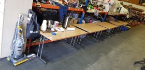 5 PIECE WOODEN BOARD ROOM TABLES - 3 X ( W 80 X L 160 ) / 2 X SEMI CIRCLE TABLES - ALSO TO INCLUDE NEOSTAR 5 LITRE KETTLE / BREVILE KETTLE / BISCUIT TIN ETC