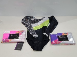 50 X BRAND NEW MIXED LEOTARD'S LOT CONTAINING 8 LONG SLEEVE GYMNASTIC NYLON LYCRA / FOILED STAR IN PINK STAR IN SIZE 4 , 26 LONG SLEEVE GYMNASTIC LEOTARD IN BLACK / LIME IN SIZE 1 , 7 LONG SLEEVE LEOTARD IN PURPLE / PINK STAR IN SIZE 4 , 8 LONG SLEEVE LE