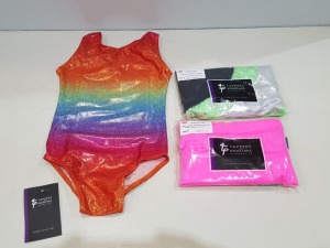 50 X BRAND NEW MIXED LEOTARD LOT CONTAINNG 36 MIXED SLEEVELESS AND LONG SLEEVE LEOTARD'S IN BLACK / FLO GREEN IN 3 AND 3A , 13 OMBRE FADING HOLOGRAM SHINE IN RAINBOW IN SIZE 4 AND 0 , LONG SLEEVED LEOTARD IN PINK SIZE'S 0 AND 4 IN ONE TRAY