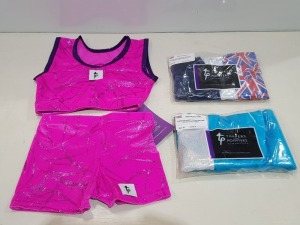 50 X BRAND NEW MIXED LOT MIXED LOT CONTINAING 30 SLEEVELESS GYMNASTIC LEOTARD WITH UNION JACK IN NAVY IN SIZE'S 0 , AND 4 , 14 CROP TOP AND SHORTS IN ELECTRIC PINK SAMURAI IN SIZE'S 2 , 1 AND 0 , 6 SLEEVELESS SHORT LEGGED UNITARD IN KINGFISHER IN SIZE 3 A