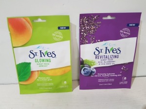 87 PIECE MIXED BRAND NEW LOT CONTAINING 51 X ST.IVES GLOWING SHEET MASK APRICOT 23ML AND 36 X ST.IVES REVITALIZING SHEET MASK ACAI, BLUEBERRY & CHIA SEED OIL 23ML