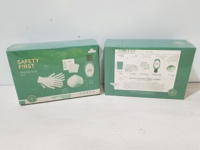 140 X BRAND NBEW ARMOR LONDON SAFETY FIRST PROTECTIVE KIT CONTAINING FACE MASK/HAND SANITISER/SURFACE WIPES/DISPOSABLE GLOVES/CARRY PURCH