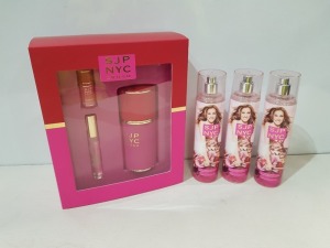 4 PIECE BRAND NEW MIXED LOT CONTAINING 1 X 3 PIECE SJP NYC CRUSH GIFT SET CONTAINING EAU DE PARFUM IN 100ML/50ML/5ML ALSO TO INCLUDE 3 X SJP NYC BODY MIST 250ML