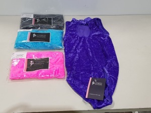 50 X BRAND NEW MIXED VELVET TURTLE NECK KEYHOLE BACK SLEEVELESS LEOTARD'S IN MIXED COLOURS PURPLE , BLACK , PLO PINK , KINGFISHER , IN SIZE'S 0 AND 1 IN ONE BOX