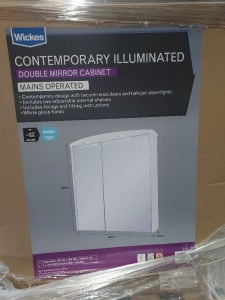 10 X BRAND NEW WICKES CONTEMPORARY ILLUMINATED DOUBLE MIRROR CABINET DIMENSIONS - 650HX600WX220mmD (NOTE CABINET LIGHTS NOT INCLUDED)