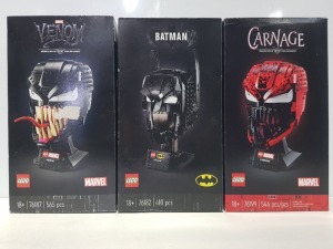 3 PIECE BRAND NEW BOXED LEGO LOT CONTAINING 1 X LEGO MARVEL VENOM FIGURE ( ITEM # 76187 ) 1 X LEGO BATMAN FIGURE ( ITEM # 76182 ) 1 x LEGO MARVEL CARNAGE FIGURE ( ITEM # 76199)