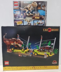 2 PIECE BRAND NEW BOXED LEGO LOT CONTAINING 1 X LEGO JURASSIC PARK - T-REX BREAKOUT ( ITEM # 76956 ) - BOX IS SLIGHTLY DAMAGED 1 X LEGO JURASSIC PARK - T-REX DINOSAUR FOSSIL EXHIBITION ( ITEM # 76940 )