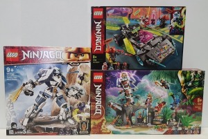 3 PIECE BRAND NEW BOXED LEGO LOT CONTAINING 1 X LEGO NINJAGO - ZANE'S TITAN MECH BATTLE ( ITEM # 71738 ) 1 X LEGO NINJAGO - THE KEEPERS VILLAGE ( ITEM #71747) 1 X LEGO NINJAGO - NIJA TUNER CAR ( ITEM # 71710)