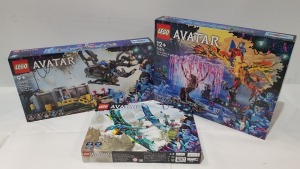 3 PIECE BRAND NEW BOXED LEGO LOT CONTAINING 1 X LEGO AVATAR - TORUK MAKTO & TREE OF SOULS ( ITEM #75574) 1 X LEGO AVATAR - FLOATING MOUNTAINS: SITE 26 & RDA SAMSON ( ITEM # 75573 ) 1 X LEGO AVATAR - JAKE & NEYTIRI'S FIRST BANSHEE FLIGHT ( ITEM # 75572)