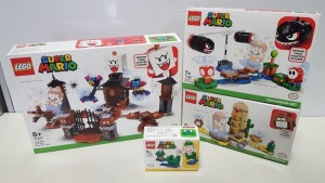 4 PIECE BRAND NEW BOXED LEGO LOT CONTAINING 1 X LEGO SUPER MARIO - KING BOO AND THE HAUNTED YARD ( ITEM # 71377) 1 X LEGO SUPER MARIO - BOOMER BILL BARRAGE ( ITEM # 71366) 1 X LEGO SUPER MARIO - DESERT POKEY ( ITEM # 71363 ) 1 X LEGO SUPER MARIO - FROG