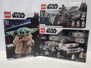 3 PIECE BRAND NEW BOXED LEGO LOT CONTAINING 1 X LEGO DISNEY STAR WARS - THE CHILD ( ITEM # 75318 ) 1 X LEGO DISNEY STAR WARS - IMPERIAL ARMOURED MARAUDER ( ITEM # 75311) 1 X LEGO DISNEY STARWARS - LUKE SKYWALKER'S Z-WING FIGHTER ( ITEM # 75301)