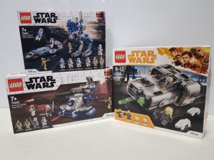 3 PIECE BRAND NEW BOXED LEGO LOT CONTAINING 1 X LEGO DISNEY STAR WARS - ARMOURED ASSAULT TANT AAT ( ITEM # 75283) 1 X LEGO DISNEY STAR WARS -MOLOCH LANDSPEEDER ( ITEM # 75210) 1 X LEGO DISNEY STARWARS - 501ST LEGION CLONE TROOPERS ( ITEM # 75280)