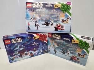 3 PIECE BRAND NEW BOXED LEGO LOT CONTAINING 2 X LEGO DISNEY STAR WARS - ADVENT CALDENDAR ( ITEM # 75307 ) 1 X LEGO DISNEY STAR WARS - ADVENT CALENDAR ( ITEM # 75279)