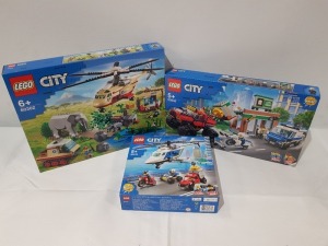 3 PIECE BRAND NEW BOXED LEGO LOT CONTAINING 1 X LEGO CITY - WILDLIFE RESCURE OPERATION ( ITEM # 60302) 1 X LEGO CITY - POLICE MONSTER TRUCK HEIST - ( ITEM # 60245) 1 X LEGO CITY - POLICE HELICOPTER CHASE ( ITEM # 60243 )