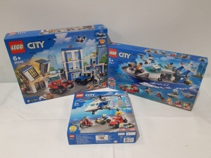 3 PIECE BRAND NEW BOXED LEGO LOT CONTAINING 1 X LEGO CITY - POLICE STATION ( ITEM # 60246) 1 X LEGO CITY - POLICE PATROL BOAT - ( ITEM # 60277) 1 X LEGO CITY - POLICE HELICOPTER CHASE ( ITEM # 60243 )