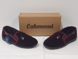 28 X BRAND NEW OAKENWOOD FREDDY MENS EMBROIDED TWIN GUSSET SLIPPERS IN BURGUNDY SIZE 7