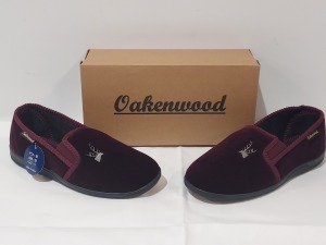 28 X BRAND NEW OAKENWOOD FREDDY MENS EMBROIDED TWIN GUSSET SLIPPERS IN BURGUNDY SIZE 10-6