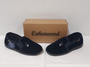 27 X BRAND NEW OAKENWOOD FREDDY MENS WOVEN TWIN GUSSET SLIPPERS IN NAVY IN SIZE 9