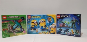 3 PIECE BRAND NEW BOXED MIXED LEGO LOT CONTAINING 1 X LEGO MINIONS THE RISE OF GRU ( ITEM # 75551 ) 1 X LEGO MINECRAFT - THE SWORD OUTPOST ( ITEM # 21244 ) 1 X LEGO AVATAR - NEYTIRI & THANATOR VS AMP SUIT QUARICH ( ITEM # 75571)